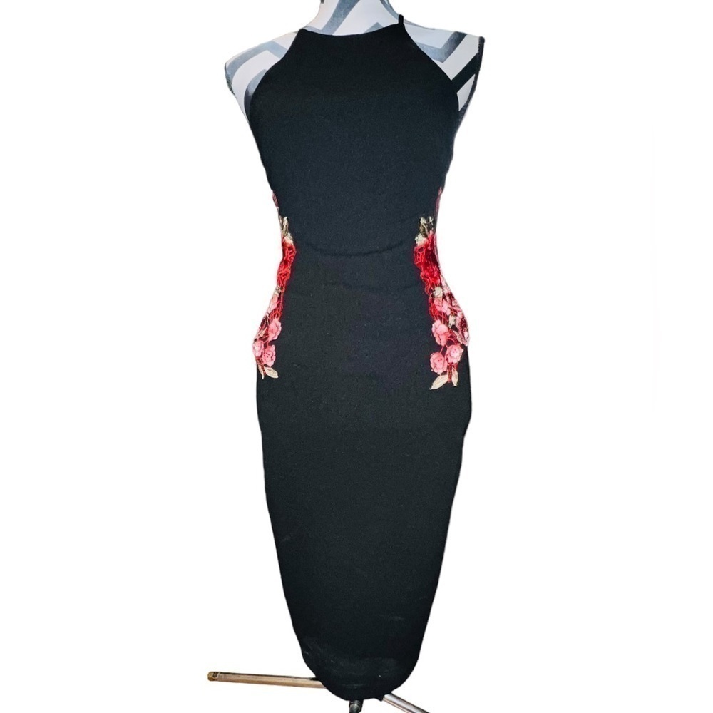 Bisou Bisou Midi Cocktail Dress Sz 2 Black Red Floral